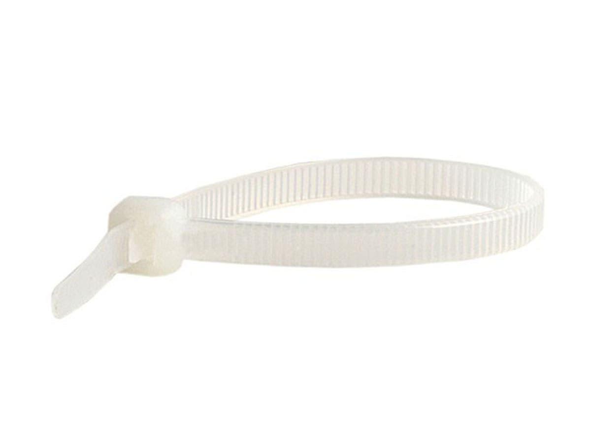 4 Inch 100mm PVC Cable Tie - shown as a single white plastic zip tie fastened into a loop.