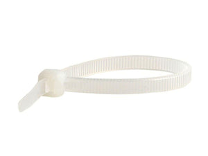 4 Inch 100mm PVC Cable Tie - shown as a single white plastic zip tie fastened into a loop.