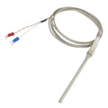 4 Inch Prob 500C K Type Thermocouple - a metal probe with a braided cable and two spade terminal connectors.