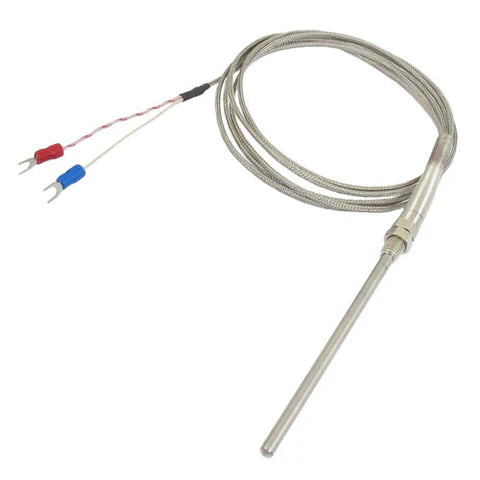 4 Inch Prob 500C K Type Thermocouple - a metal probe with a braided cable and two spade terminal connectors.