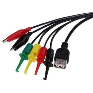 4 Line Kabel Power Supply Cable Multi Function Adjustable Mobile Phone Repair Line Power Cable - a USB female port connected to two alligator clips and four hook-style test probes in red, black, green, and yellow.