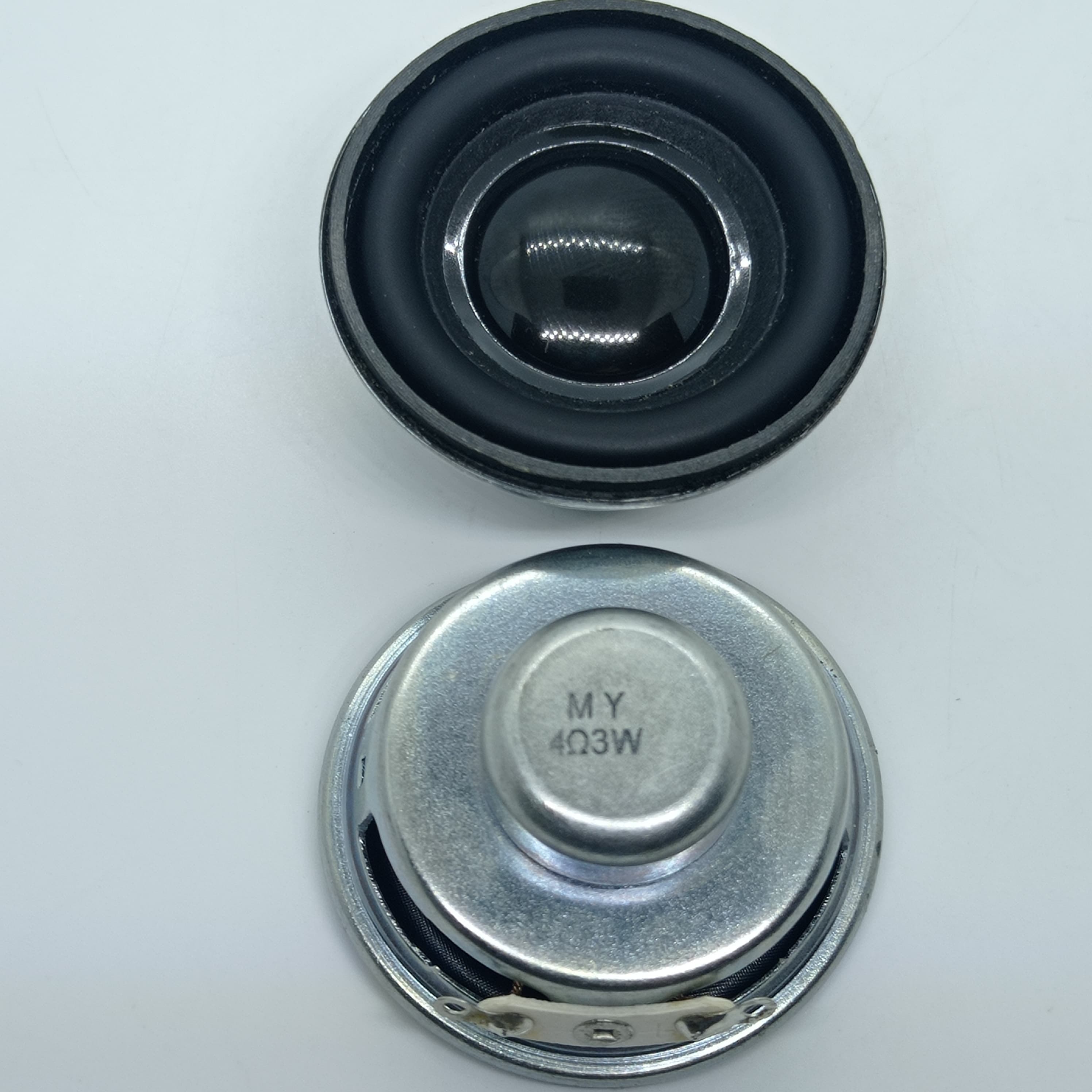 4 Ohm 3 Watt Speaker - shown from two angles, featuring a black circular speaker cone on top and a silver metallic back with "MY 4Ω3W" printed on it.