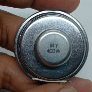 4 Ohm 3 Watt Speaker - a close-up view of the circular silver metal back showing the printed text "MY 4Ω3W" and two small metal solder terminals.