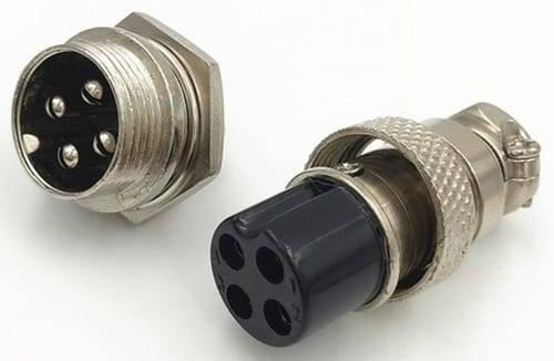 4 Pin 16mm XLR Cable Connector Panel Chassis Mount - a silver metal panel-mount socket with four pins and a matching silver cable-mount plug.