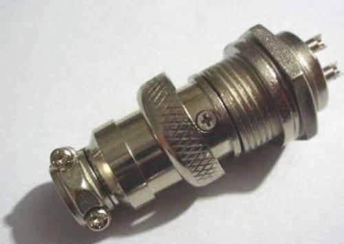4 Pin 16mm XLR Cable Connector Panel Chassis Mount - shown as a silver-colored metallic cylindrical connector with a threaded body and cable clamp screws.