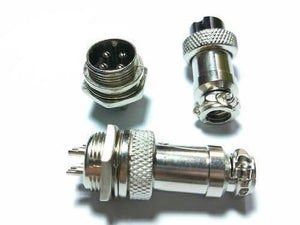 4 Pin 16mm XLR Cable Connector Panel Chassis Mount - shown as three silver metal components, including one assembled unit and two separate mating parts.
