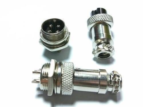 4 Pin 16mm XLR Cable Connector Panel Chassis Mount - shown as three silver metal components, including one assembled unit and two separate mating parts.