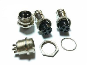 4 Pin 16mm XLR Cable Connector Panel Chassis Mount - two cable-mount connectors, two chassis-mount sockets, a locking nut, and a metal ring.