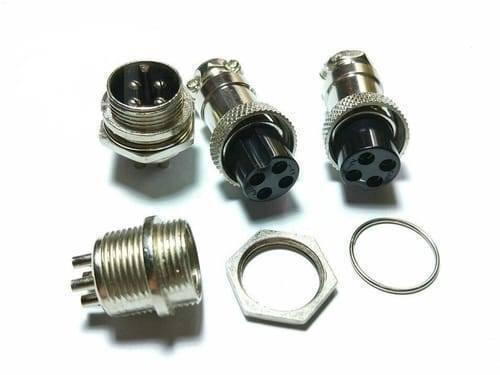 4 Pin 16mm XLR Cable Connector Panel Chassis Mount - two cable-mount connectors, two chassis-mount sockets, a locking nut, and a metal ring.