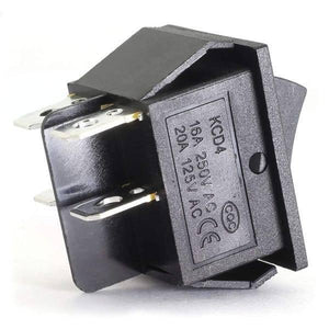4 Pin 2 Positions On Off Dpst Rocker Power Switch Button - a black rectangular switch with four metal connector pins and printed technical specifications.