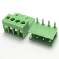 4 Pin Connector PCB Mount Right Angle, Bent Screw Terminal - shown as a pair of green plastic connectors, one with screw terminals and one with pins.