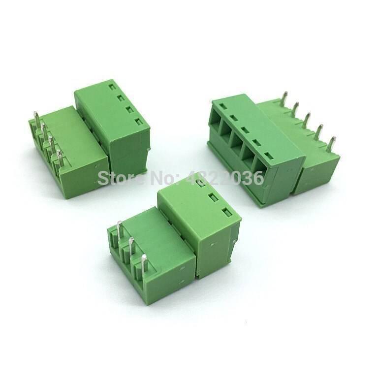 4 Pin Connector PCB Mount Right Angle, Bent Screw Terminal - three green, four-pin, right-angle screw terminal blocks shown from different angles.