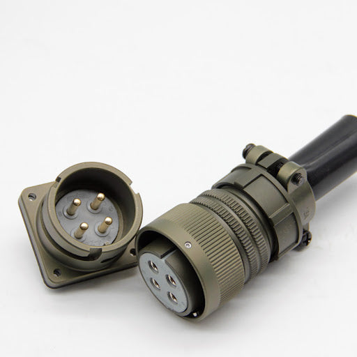 4 Pin Military Connector - Reliable & Durable Connections | Digilog.pk - an olive-drab circular male panel-mount connector and a matching female cable-mount connector with four pins.
