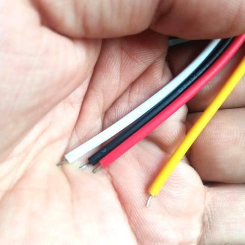 4 Pin Power Connector 12V Atx CPU Power Supply Extension Male To Female Cable Adapter - close-up of the four stripped wire ends in white, black, red, and yellow.