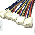 4 Pin RGB Panel Connector Fan Connection Pair With Male Header - five white female plastic connectors with multi-coloured wires and two male headers.