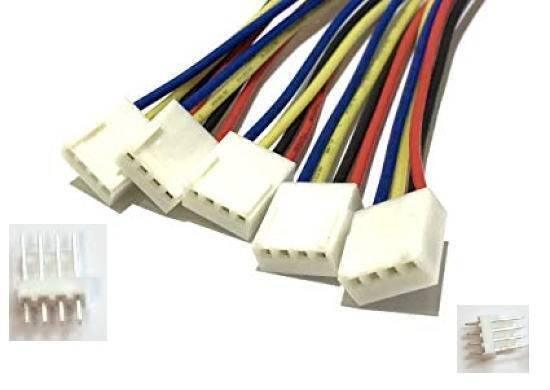 4 Pin RGB Panel Connector Fan Connection Pair With Male Header - five white female plastic connectors with multi-coloured wires and two male headers.