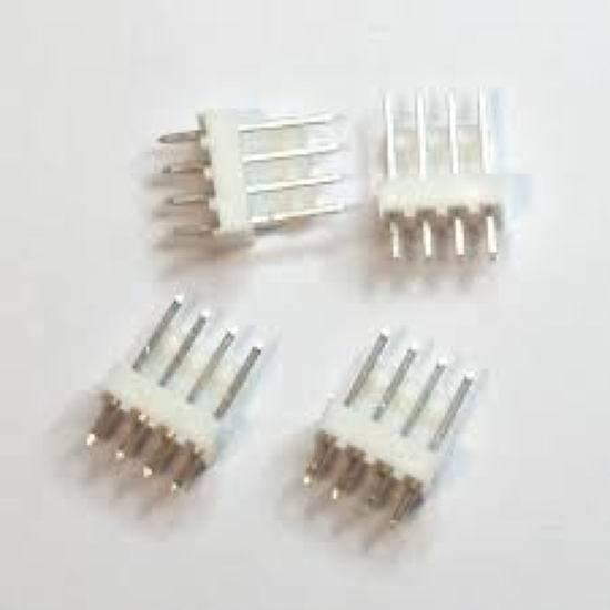 4 Pin RGB Panel Connector Fan Connection Pair With Male Header - four white plastic 4-pin male header connectors arranged on a white background.