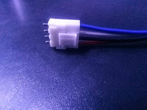 4 Pin RGB Panel Connector Fan Connection Pair With Male Header - a close-up of a white four-pin connector with blue, white, black, and red wires.