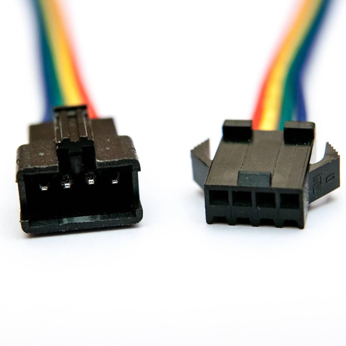 4 Pin Sm Connector Male To Female 4pin Sm Connector Cable For RGB LED Strip - a black 4-pin male connector and a black 4-pin female connector attached to a multi-coloured ribbon cable.