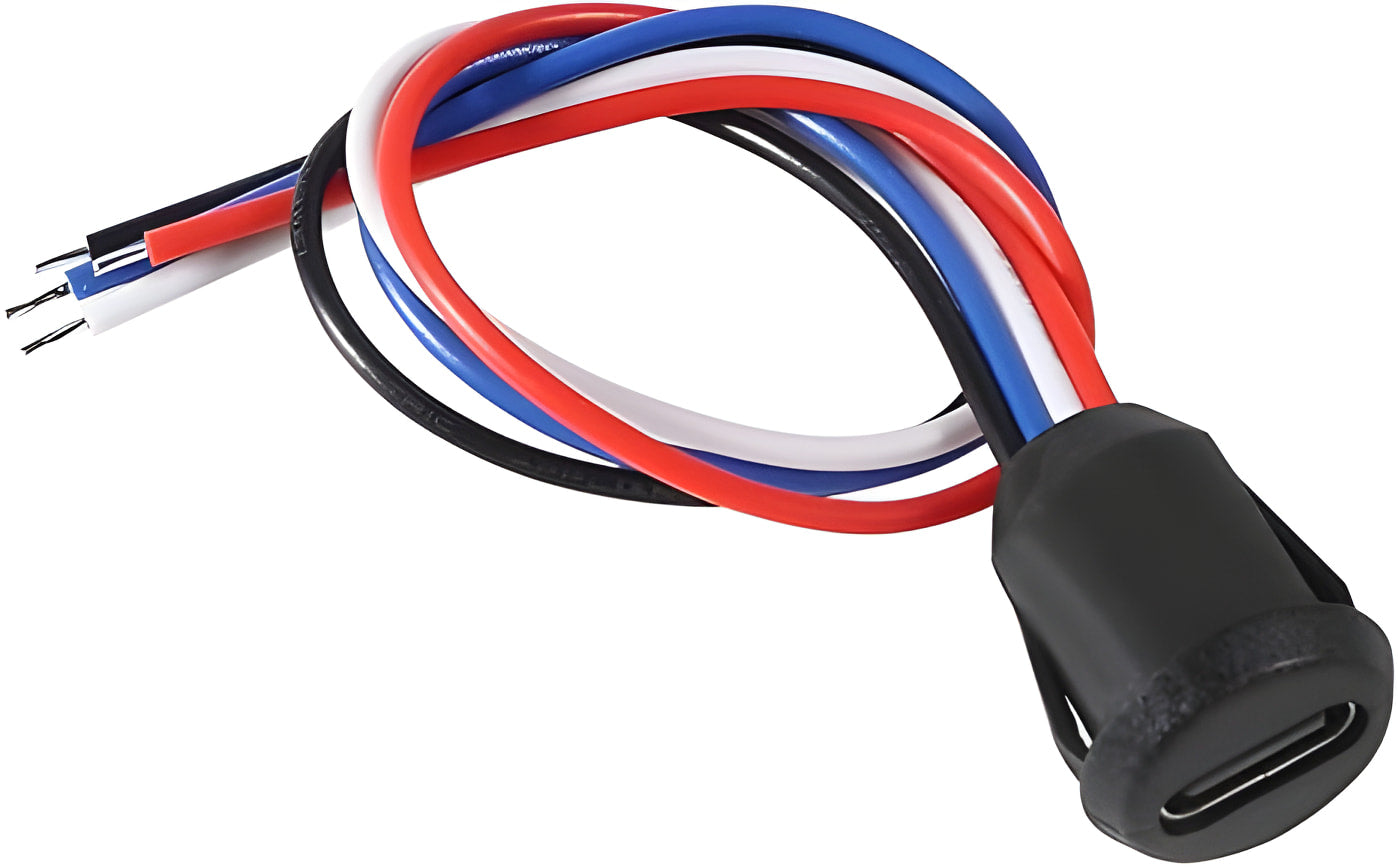 4 Pin USB Connector Type-c Waterproof With Female Socket Fast Charging Jack Charging Port USB-c Charger Plug Socket - a black female USB-C socket attached to four insulated wires in black, red, blue, and white.