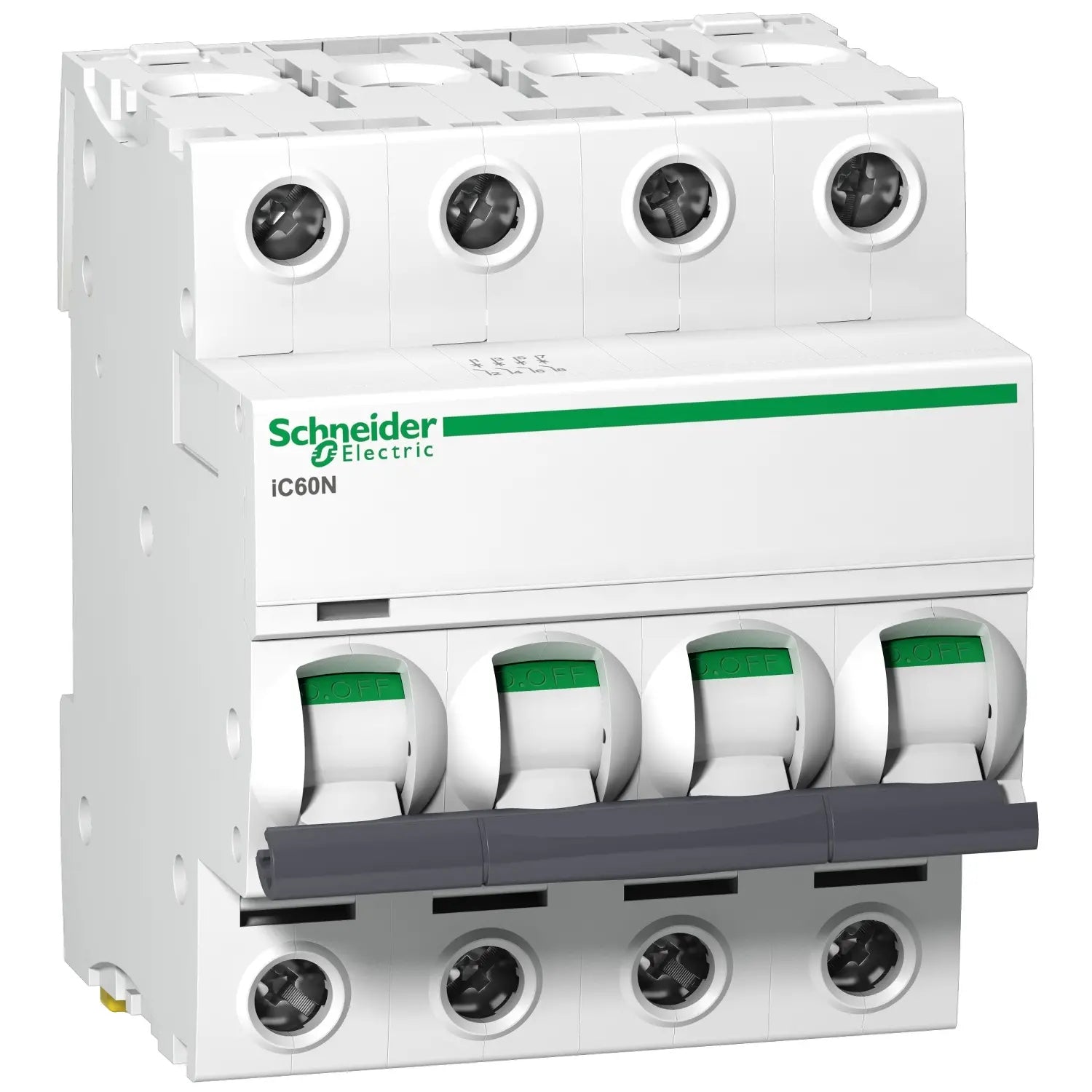 4 Pol 63A Schneider DC Breaker DC MCB IC60N - a white modular electrical switch with four toggles, screw terminals, and green "OFF" status indicators.