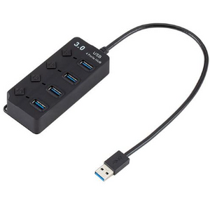 4 Port USB Hub Hi-speed USB 3.0 - a black rectangular hub with four USB ports, individual power buttons, and an attached USB cable with a connector.