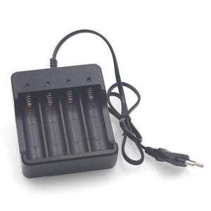4 Slot 18650 Li-ion Battery 4.2V Four Slot Lithium Ion Batteries Smart Charger - a black, four-bay charging unit with an attached power cord and plug.