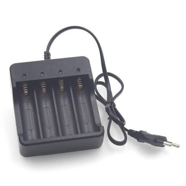 4 Slot 18650 Li-ion Battery 4.2V Four Slot Lithium Ion Batteries Smart Charger - a black, four-bay charging unit with an attached power cord and plug.