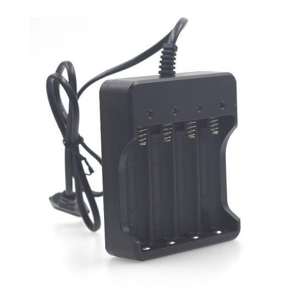 4 Slot 18650 Li-ion Battery 4.2V Four Slot Lithium Ion Batteries Smart Charger - a black, four-bay battery charger with an attached power cord.