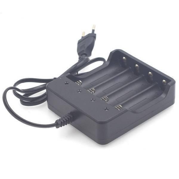 4 Slot 18650 Li-ion Battery 4.2V Four Slot Lithium Ion Batteries Smart Charger - a black four-slot charger with a power cord and two-pin plug.