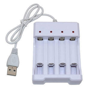 4 Slot USB Universal Battery Charger Fast Charging Adapter For Ni-MH Not For 18650 - a white, four-bay charging unit with four red LED indicators and an attached USB cable.