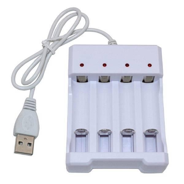 4 Slot USB Universal Battery Charger Fast Charging Adapter For Ni-MH Not For 18650 - a white, four-bay charging unit with four red LED indicators and an attached USB cable.