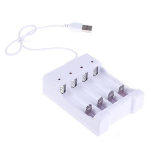 4 Slot USB Universal Battery Charger Fast Charging Adapter For Ni-MH Not For 18650 - a white, four-bay charging unit with a USB cable and four red LED status indicators.