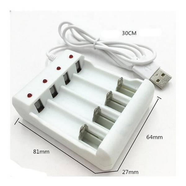 4 Slot USB Universal Battery Charger Fast Charging Adapter For Ni-MH Not For 18650 - with four white slots, four red LED status indicators, and an attached USB cable, shown with dimension labels.