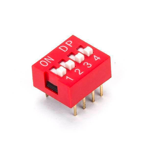 4 Way DIP Switch Made In Korea - a small red rectangular electronic component with four white sliding switches labeled 1, 2, 3, 4 and gold pins.