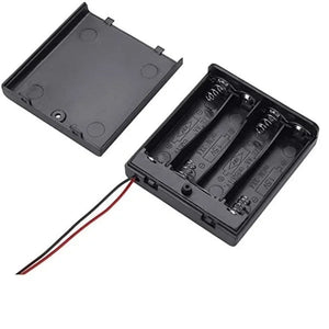4 X 1.5V AA Battery Holder With Cover And On/off Switch - shown as a black plastic case with a detached cover, four battery slots, and red and black wires.