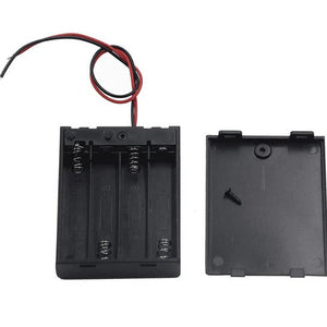 4 X 1.5V AA Battery Holder With Cover And On/off Switch - shown as a black plastic battery case with four slots, spring contacts, red and black wires, and a lid.