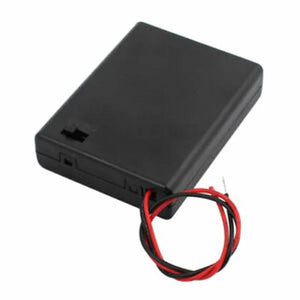 4 X 1.5V AA Battery Holder With Cover And On/off Switch - black rectangular battery case with an integrated power switch and red and black lead wires.