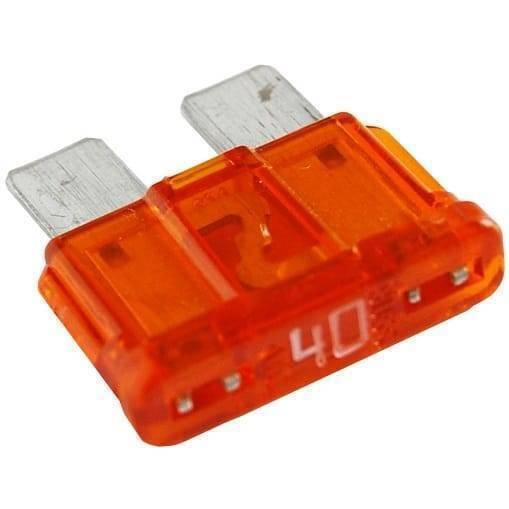 40 Amp Plug In Automotive Auto Fuse Car Fuse - a close-up of a single orange plastic fuse with two metal terminals and the number 40 printed on top.