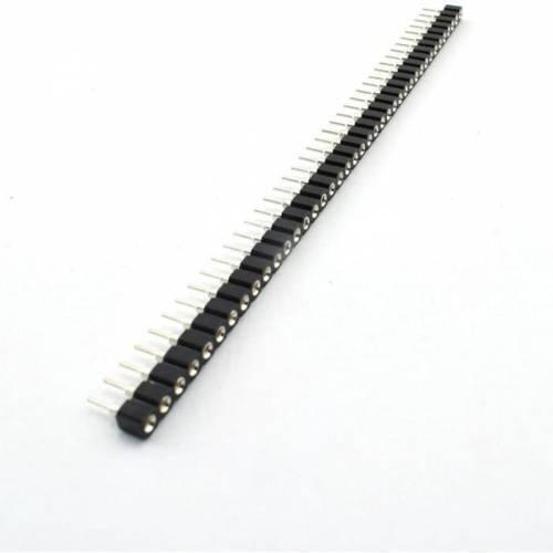 40 Pin 2.54mm Single Row Round Female Pin Header Strip - shown as a long, straight black plastic strip containing a single row of circular metal sockets.