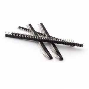 40 Pin 2.54mm Single Row Round Female Pin Header Strip - shown as a pile of several long, black, single-row connector strips with circular metal pins.