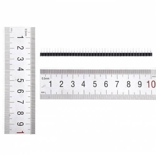 40 Pin 2.54mm Single Row Round Female Pin Header Strip - shown with two metal rulers for scale, displaying the length of the black connector strip.