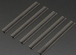 40 Pin 2mm Pitch Male Header - five strips of black plastic connectors with dual rows of gold-colored metal pins arranged on a dark background.