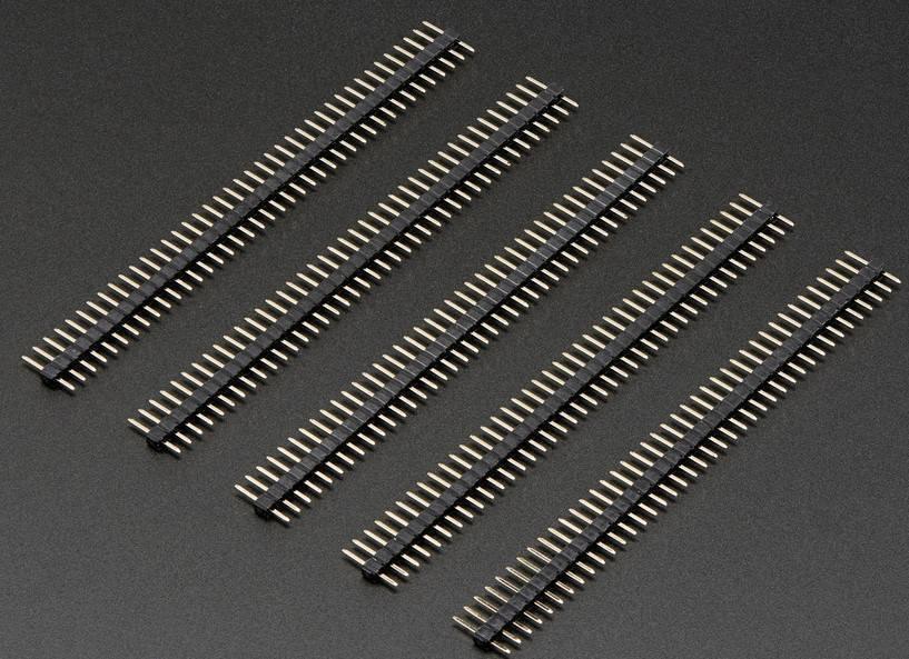 40 Pin 2mm Pitch Male Header - five strips of black plastic connectors with dual rows of gold-colored metal pins arranged on a dark background.