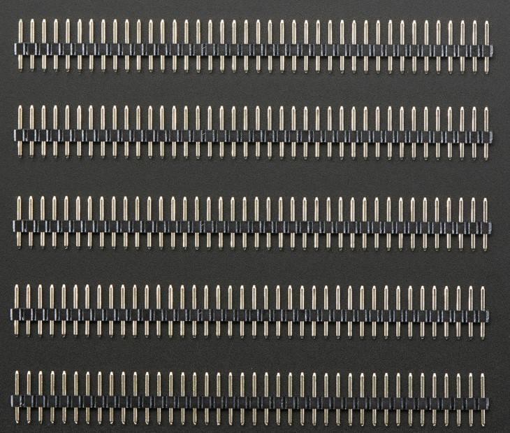 40 Pin 2mm Pitch Male Header - five identical strips of black plastic connectors with long, thin metal pins arranged in a single row.