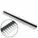 40 Pin 90 Degree Right Angle Male Header Break Away Bent Header - a long black plastic strip with metal pins bent at a 90-degree angle.