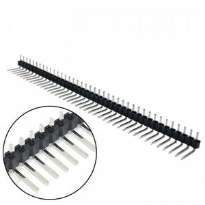 40 Pin 90 Degree Right Angle Male Header Break Away Bent Header - a long black plastic strip with metal pins bent at a 90-degree angle.