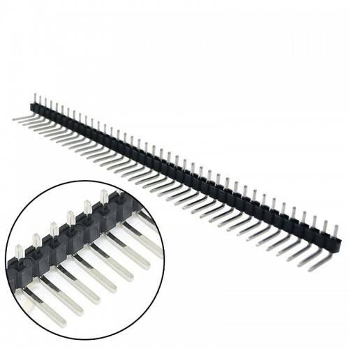 40 Pin 90 Degree Right Angle Male Header Break Away Bent Header - a long black plastic strip with metal pins bent at a 90-degree angle.