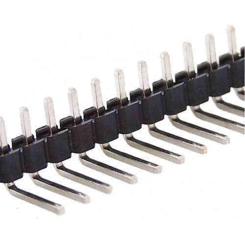 40 Pin 90 Degree Right Angle Male Header Break Away Bent Header - shown as a close-up of a black plastic strip with a row of silver right-angled metal pins.