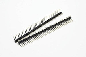 40 Pin 90 Degree Right Angle Male Header Break Away Bent Header - two black plastic strips with rows of silver metal pins bent at a 90-degree angle.